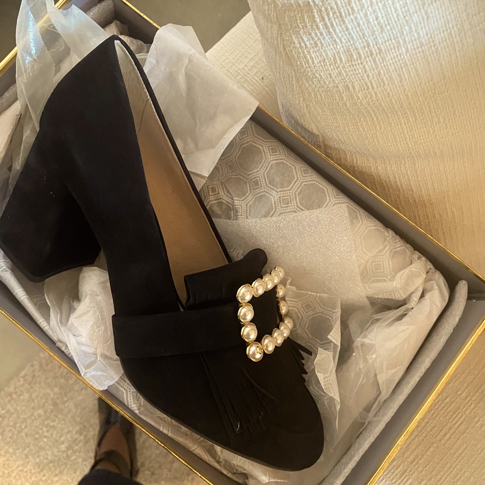 Louise et Cie-Suede Black Pearl block heel slip-on loafer is elevated